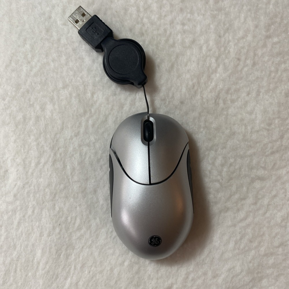 GE Retractable Corded Optical Mini Mouse #98094 Rev 2 Silver Tested‎ & Works